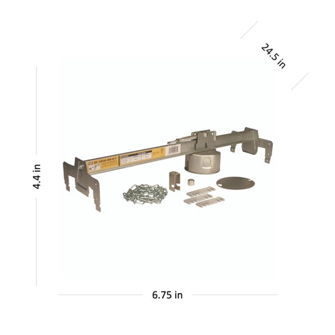 Heavy Duty Grid Brace Ceiling Box Kit With Four Inch Round Box And Two And One Eighth Inch Depth, Concentric Knockouts In One Half Inch And Three Quarter Inch, Sliding Bracket Mount, Mount Anywhere On The Bracket For Twenty Four Inch Spans, components displayed