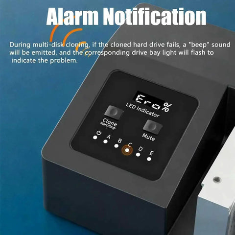 Close-up of Rock Solid Five Bay Hard Drive Docking Station display showing LED indicator and clone buttons.