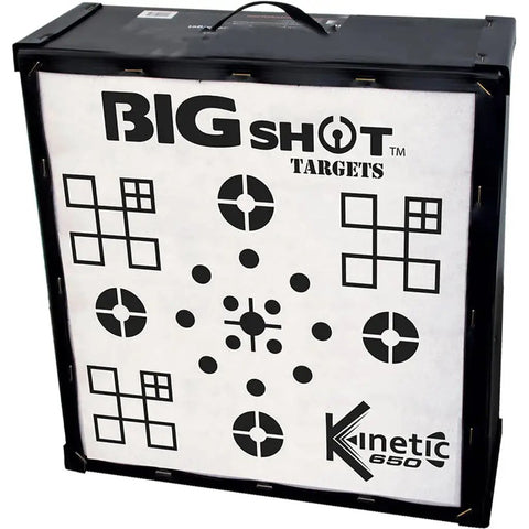Iron Man 20 Kinetic Archery Target with 95 shooting spots and 20x20 face, featuring Big Shot Targets logo and Kinetic 650 branding.