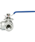 Side view of Three Eighths Inch NPT Female Port Three Way Ball Valve With L Port Stainless Steel 304 Vinyl Locking Handle Tough As Nails Built To Last L Type Bore Corrosion Resistant PTFE Stem Seal Heavy Duty Industrial Grade Valve showing threaded port and locking handle.