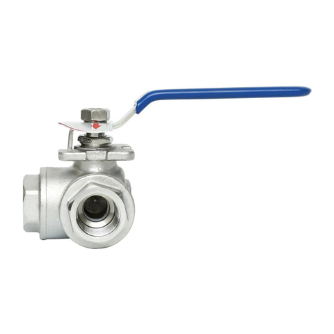 Side view of Three Eighths Inch NPT Female Port Three Way Ball Valve With L Port Stainless Steel 304 Vinyl Locking Handle Tough As Nails Built To Last L Type Bore Corrosion Resistant PTFE Stem Seal Heavy Duty Industrial Grade Valve showing threaded port and locking handle.