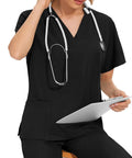 Women's Spa Scrubs Set With Top And Jogging Pants, Machine Washable Nurse Workwear, Black Uniform, Size L, shown on model with stethoscope.