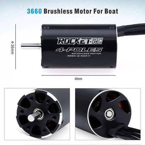 Beefy Torque 3660 Brushless RC Boat Motor, 2150 KV, 4 Pole, 5mm Shaft, Water Cooling Jacket, For 650-800mm Boats, side view