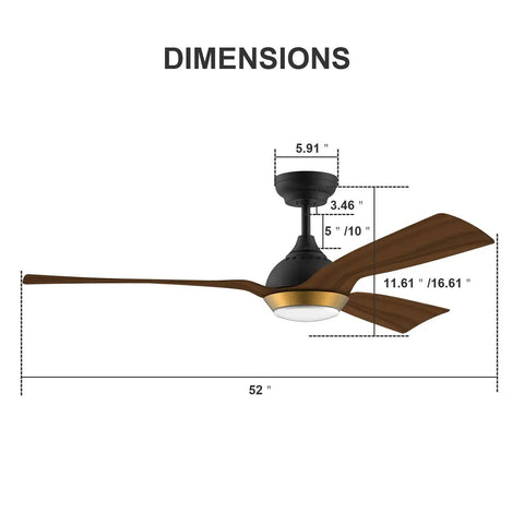 Diagram of 52 Inch Gold Boho Ceiling Fan With Dimmable LED Light, Quiet DC Motor, 6 Speed, Timer, Remote, showing dimensions
