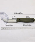Fixed Blade Knife With G10 Handle For EDC And Outdoor Survival Heavy Duty Camping Hunting Fishing Hiking Emergency Rescue Utility Tool shown with measurements and angle protractor