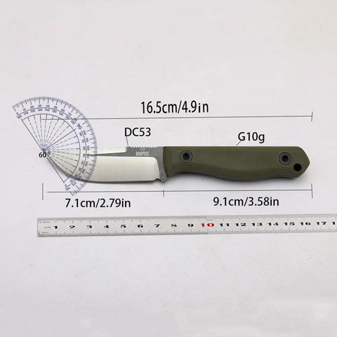 Fixed Blade Knife With G10 Handle For EDC And Outdoor Survival Heavy Duty Camping Hunting Fishing Hiking Emergency Rescue Utility Tool shown with measurements and angle protractor