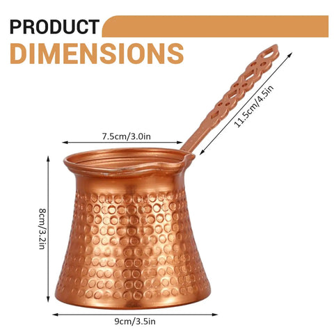 Turkish Coffee Pot 330ml Vintage Copper Coffee Maker with Ergonomic Handle, 7.5cm diameter, 8cm height, stovetop design.