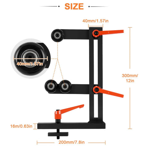 Rock Solid L Type Wood Lathe Steady Rest With Triple Adjustable Wheels, dimensions showing 12 inch height and rubber wheels.