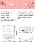 Six Tier Electric Food Dehydrator With Round Multi Layer Trays And Adjustable Temp Control For Airflow Jerky Making And Garden Drying specifications with size and features.