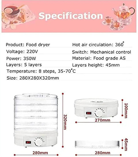 Six Tier Electric Food Dehydrator With Round Multi Layer Trays And Adjustable Temp Control For Airflow Jerky Making And Garden Drying specifications with size and features.