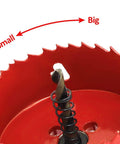 83mm Bi Metal Hole Saw Kit With Twist Drill Bit And L Hex Wrench, close-up of red saw with sharp teeth