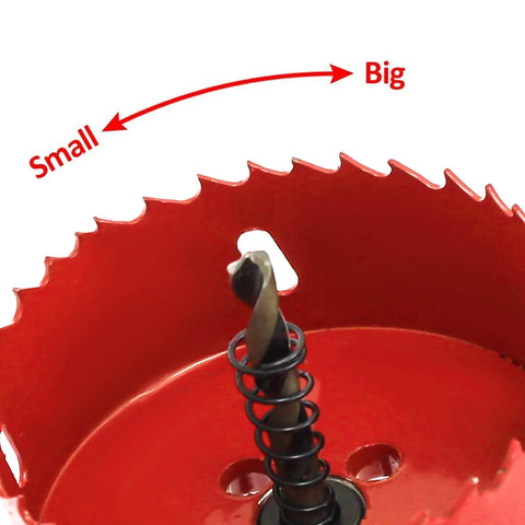83mm Bi Metal Hole Saw Kit With Twist Drill Bit And L Hex Wrench, close-up of red saw with sharp teeth