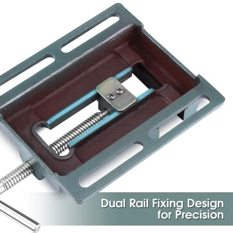 Built Tough 6 Inch Drill Press Vise Cast Iron Bench Clamp showing dual rail fixing for precision milling and drilling.