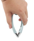 Hand holding V Shape Fruit Core Remover And Strawberry Huller Stainless Steel Kitchen Gadget With Ergonomic Non Slip Handle Auto Rebound Spring For Pineapple, Apple And Veggie Slicing Blue