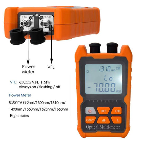 D YEDEMC fiber optic cable tester, portable orange handheld unit with OPM and VFL ports, universal FC/SC/ST interface