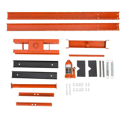 Big Boy 12 Ton Hydraulic Shop Press H-Frame Floor Press parts including steel beams, hydraulic jack, and accessories for auto repair.
