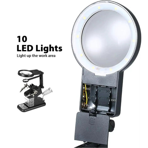 Rechargeable Work Light LED Magnifier Lamp with 10 LED lights, adjustable arm, and desk mount for soldering aid, electronics use.