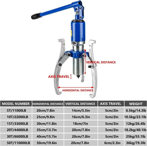 Adjustable Hydraulic Gear Puller For Vertical And Horizontal Use, Two And Three Jaw Configurations, 30 Ton Capacity, dimensions labeled
