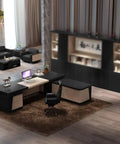 Modern Executive Computer Desk With Built In Storage Cabinet, Grind Ready Home Office Workstation, Boss Approved Writing Table designed with dual monitors in a stylish office.