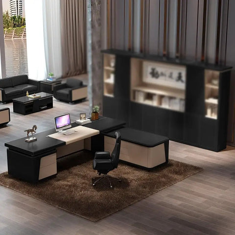 Modern Executive Computer Desk With Built In Storage Cabinet, Grind Ready Home Office Workstation, Boss Approved Writing Table designed with dual monitors in a stylish office.