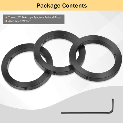 Package of three 1.25 Inch Telescope Eyepiece Parfocal Rings with wrench for quick eyepiece swapping.