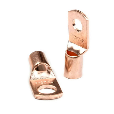 Solid Copper Lug Terminal Kit That's A Total Game Changer For Your Gear Includes One Hundred Seventy Pieces Of Heavy Duty SC4-25 Ring Connectors Perfect For Crimping And Soldering Battery Cables Like A Boss To Keep Your Power Connections Rock Solid. Two copper SC4-25 ring lugs on white background