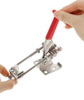 Hands using Heavy Duty Adjustable Toggle Latch Clamp for Sliding Doors and Storage Boxes, Tough as Nails Metal Tool for Woodworking and DIY Projects