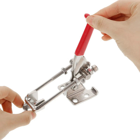 Hands using Heavy Duty Adjustable Toggle Latch Clamp for Sliding Doors and Storage Boxes, Tough as Nails Metal Tool for Woodworking and DIY Projects