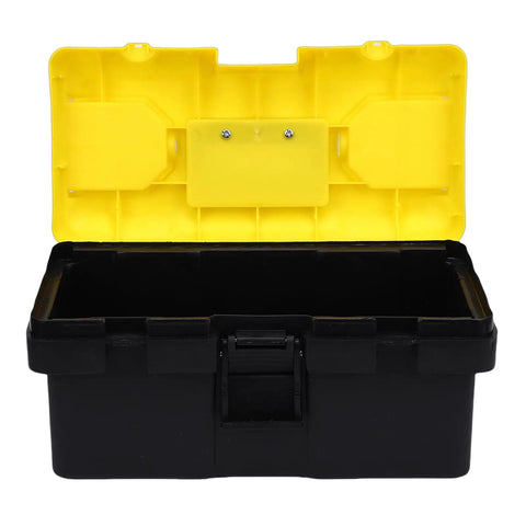 13 Inch Plastic Toolbox With Secure Locking Latch Ergonomic Handle Detachable Tray And Padlock Ready Design, open view