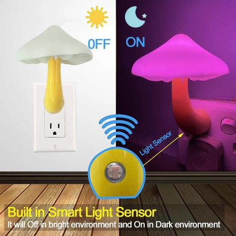 3 Pack Plug In LED Mushroom Night Lights With Dusk To Dawn Sensor, 7 Color Changing Kid Friendly Wall Night Light showcasing on-off sensor.