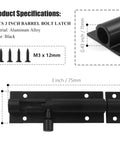Premium Grade Steel Heavy Duty Three Inch Barrel Door Slide Bolt Lock Slick Black Finish Heavy Gauge Gate Hardware, 3 inch size.