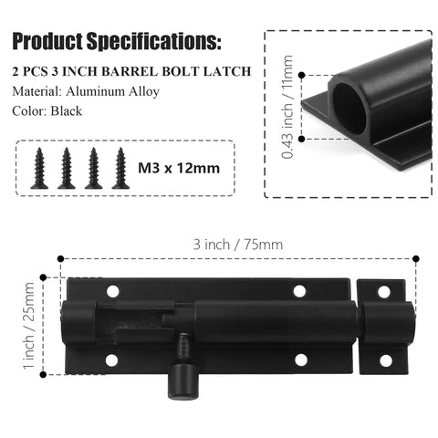 Premium Grade Steel Heavy Duty Three Inch Barrel Door Slide Bolt Lock Slick Black Finish Heavy Gauge Gate Hardware, 3 inch size.
