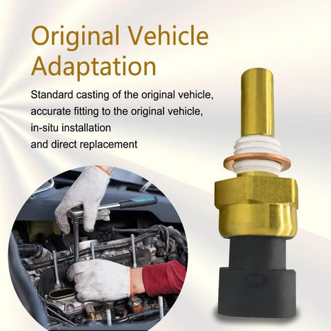 Engine coolant temperature sensor with brass body and white gasket, front view.