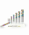 WEXWE 8-piece carbide end mill set with rainbow DLC coating in stand; 3-flute solid carbide square end mills
