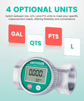 2 Inch Waterproof Turbine Water Flow Meter With NPT Thread showing digital display and unit options
