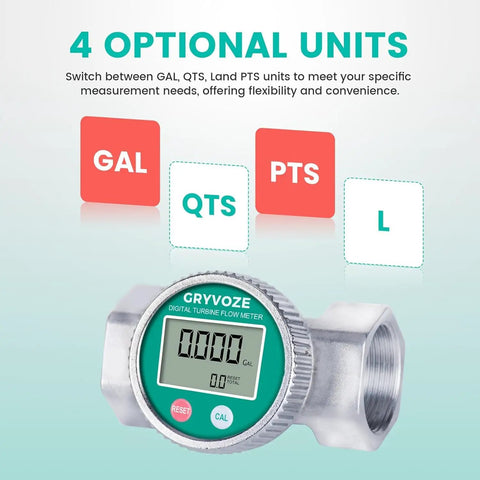 2 Inch Waterproof Turbine Water Flow Meter With NPT Thread showing digital display and unit options
