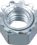 Heavy Duty Zinc Plated Steel Keps Lock Nuts With Captive Toothed Flange Number 10-32 Fine Thread close-up showing toothed design.