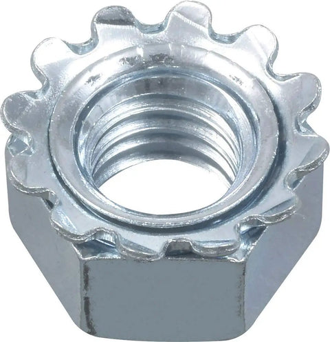 Heavy Duty Zinc Plated Steel Keps Lock Nuts With Captive Toothed Flange Number 10-32 Fine Thread close-up showing toothed design.