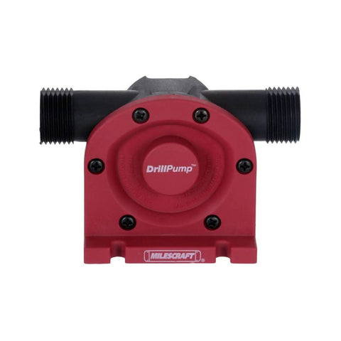 Front view of red Drill Pump Attachment With Self Priming Water Transfer Pump For Drills, 750 GPH, hose and shank visible.