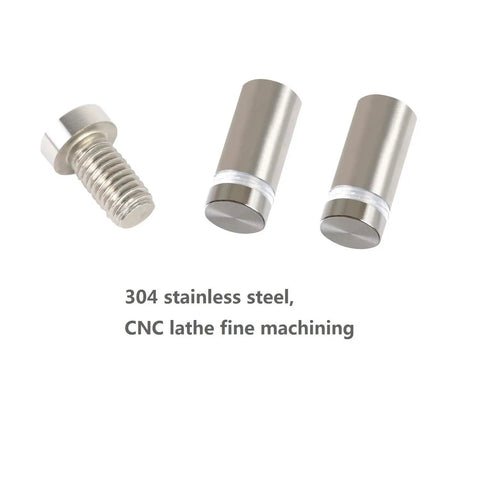 Heavy Duty Standoff Screws For Wall Mount Acrylic Picture Frame Hardware And Sign Holder With Slick Silver Finish Crafted From Rust Proof 304 Stainless Steel Rock Solid For Indoor Outdoor Exhibition Display Includes Eight Pieces, showing 304 stainless steel screws.