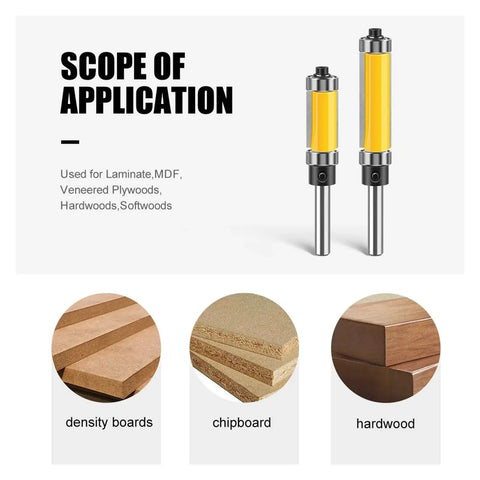 Premium 6mm 1/4 Inch Shank Template Trim Router Bit W Dual Top And Bottom Bearings for cutting MDF and hardwoods.