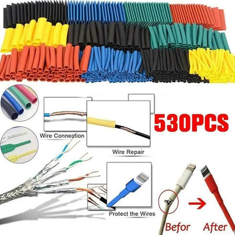 The Ultimate 530 Pc Heat Shrink Tubing Assorted Cable Wire Wrap Sleeve Kit For Automotive Electrical Repair Maintenance And DIY Projects Including Durable Insulation Sleeves To Keep Your Car Wires Secure And Protected From Wear. 530-piece assorted heat shrink tubing kit, 2:1, 1mm-10mm, multicolor