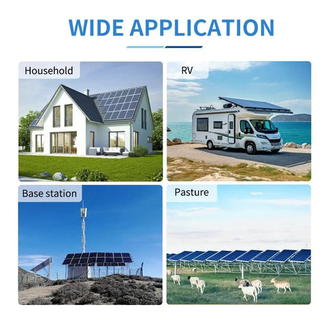 Applications of 80 Amp MPPT Solar Charge Controller for 12V 24V 48V Systems in homes, RVs, base stations, and pastures.