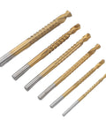 Six-piece titanium-coated twist drill bit set (3–8 mm) with serrated teeth for grooving and chamfering wood PVC plastics