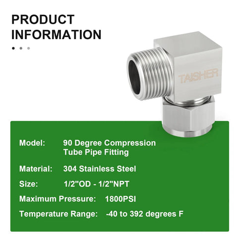 TAISHER 304 stainless steel 90-degree compression elbow, 1/2 in. OD to 1/2 in. NPT male.