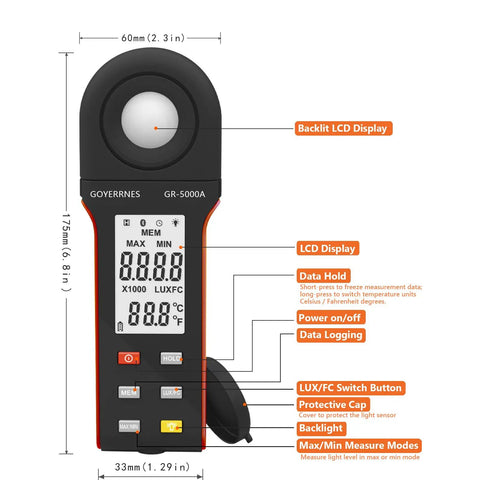Illuminance Light Meter Digital Lux Meter 0.1 To 400000 Lux 270 Degree Rotatable Detector For Plants LED Grow Lights Indoor Outdoor For Photography And Home Use Pro Grade High Accuracy, black handheld meter with backlit LCD, 175mm x 60mm