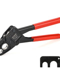 Angle Head PEX Crimping Tool for Copper Rings 1/2 and 3/4 Inch IWS-1234C with red handles and dual-size jaws.