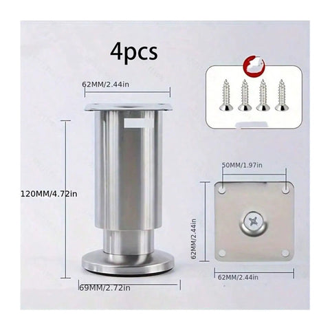 Adjustable Metal Furniture Leg Set of 4 for Sofa Couch Cabinet Replacement Steel Feet with measurements and screws.