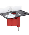 Heavy Duty Router Table Insert Kit With Precision Adjustable Lift System And Reinforced Base Plate For Woodworking Bench Upgrade Built Tough No Hassle Shop Ready showing the black steel base plate and red insert.