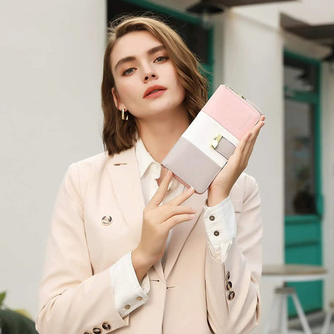 Woman holding RFID Blocking Large Capacity Womens Bifold Wallet With ID Window Zipper Coin Pocket Dope Ice Cream Design Vegan PU Leather